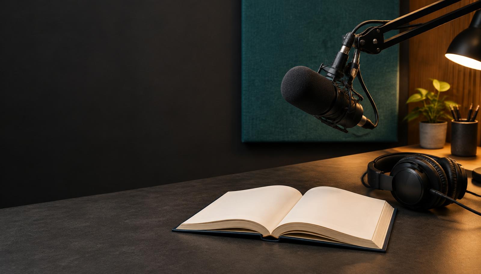 Illustration of an audiobook recording desk with a book, microphone and headphones